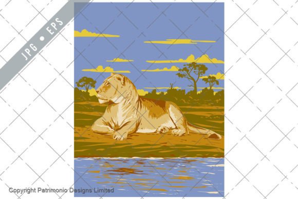 Lioness in Hwange National Park Zimbabwe: A WPA-Style Digital Art Resource