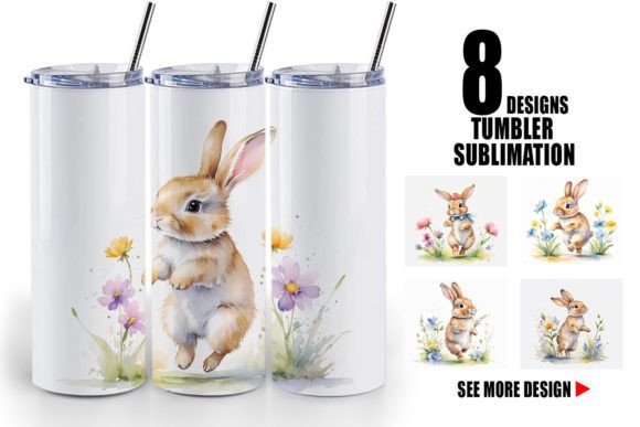 Tumbler Bunny in Summer Watercolor: Sublimation Designs